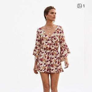 American Eagle Outfitters Bohemian Bell Sleeve Romper with Floral Print Small